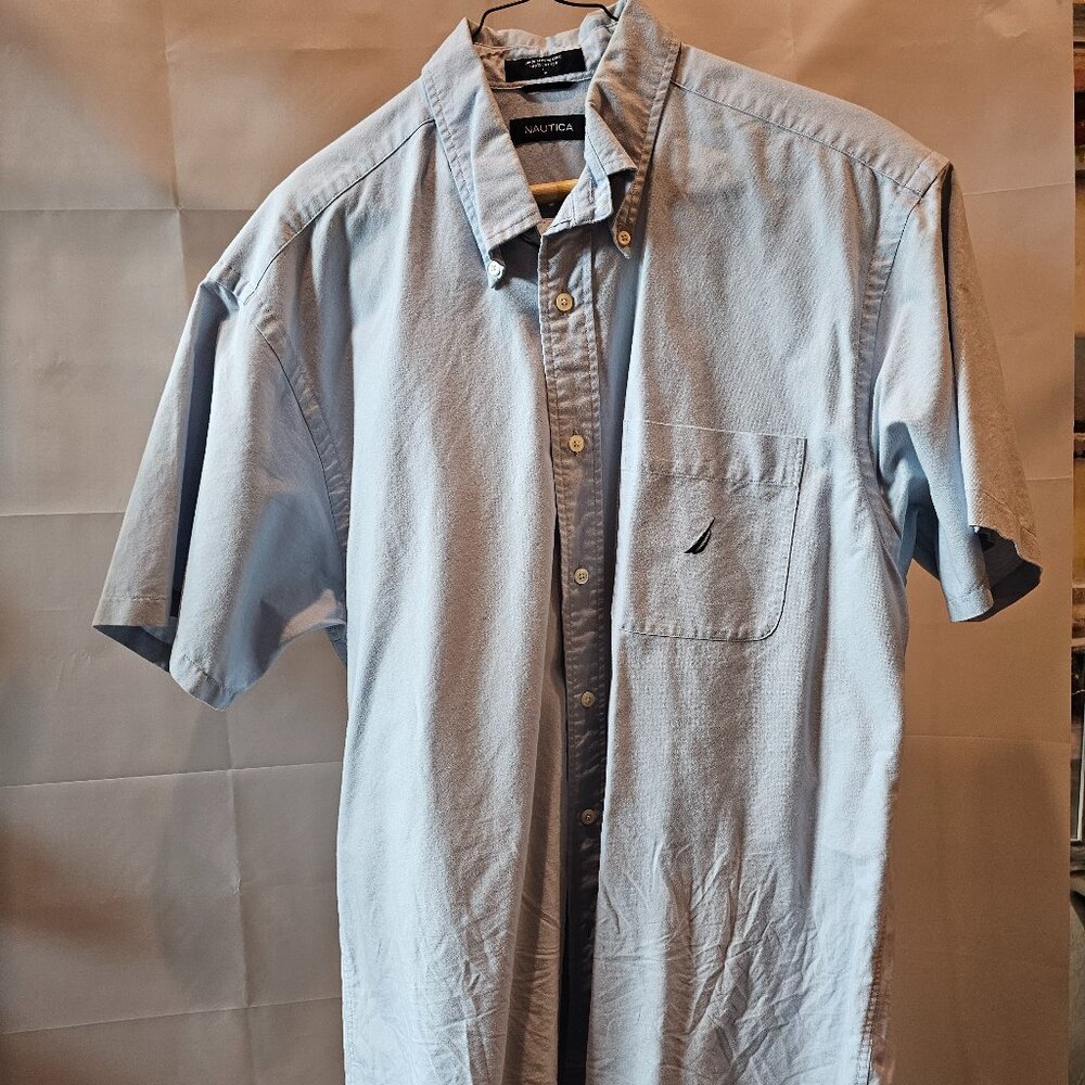 Nautica Mens Button-down Short Sleeve Blue Shirt - Size L
